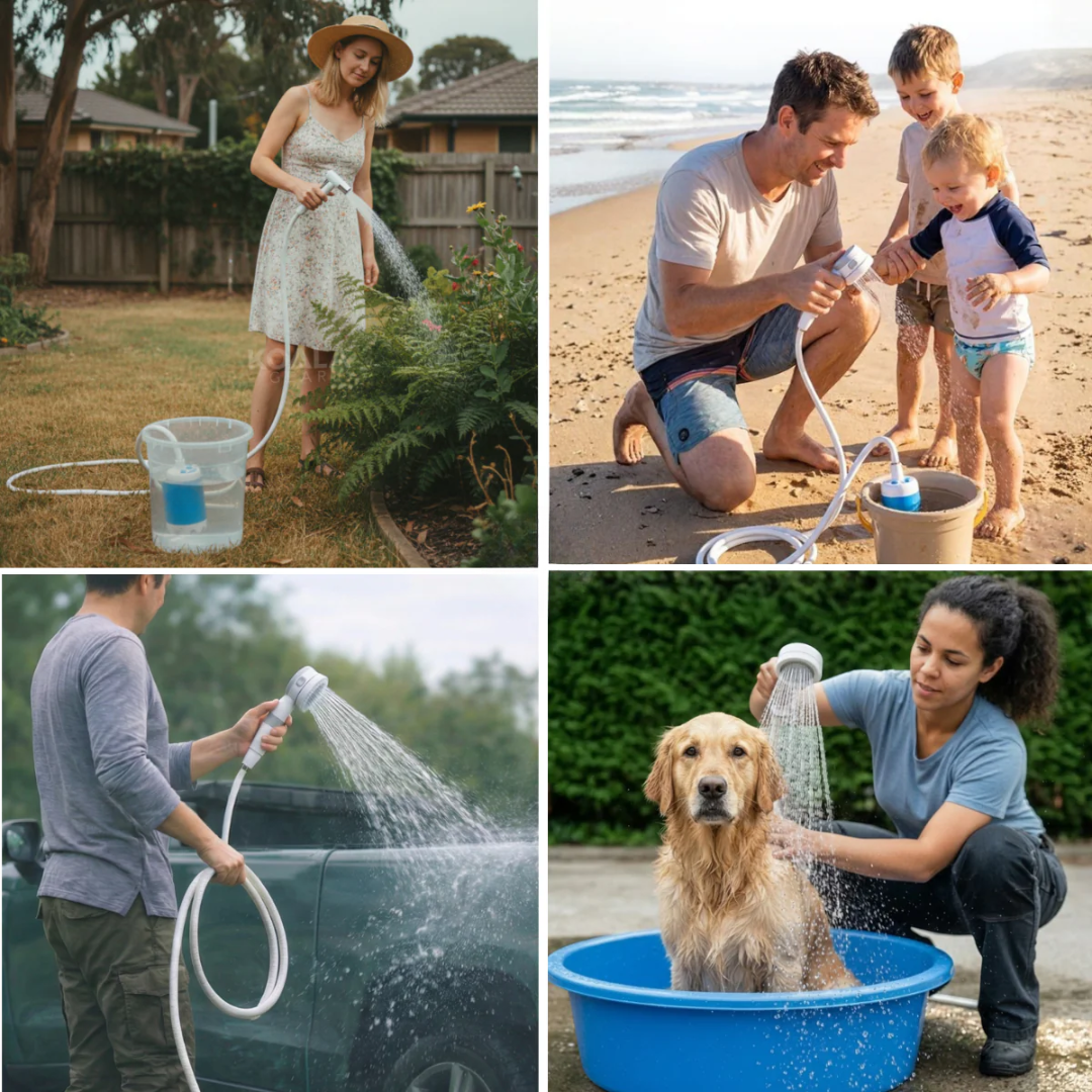 Ducha portátil y bomba de agua: kit con manguera y boquilla